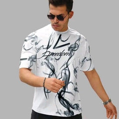 White & Black Cotton Printed Casual T-Shirt For Men