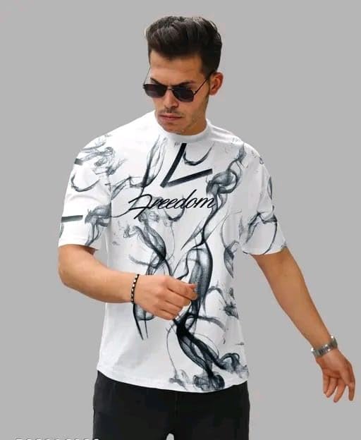 White & Black Cotton Printed Casual T-Shirt For Men