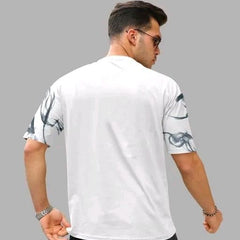 White & Black Cotton Printed Casual T-Shirt For Men