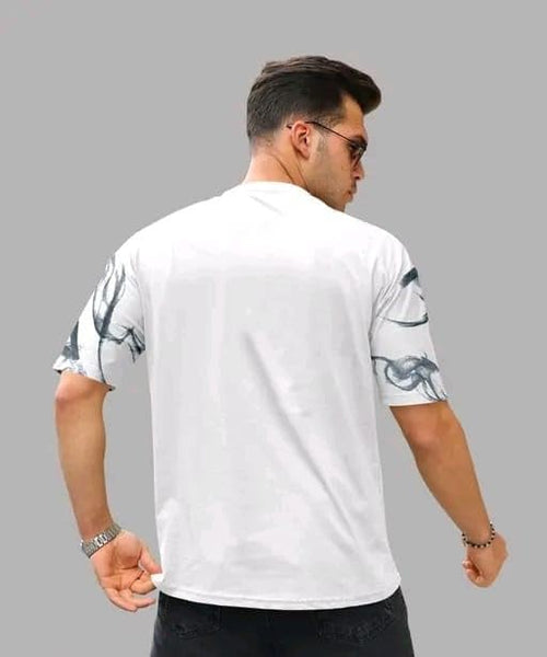 White & Black Cotton Printed Casual T-Shirt For Men