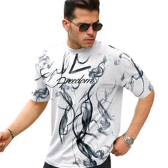 White & Black Cotton Printed Casual T-Shirt For Men