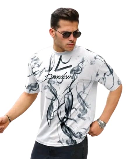 White & Black Cotton Printed Casual T-Shirt For Men