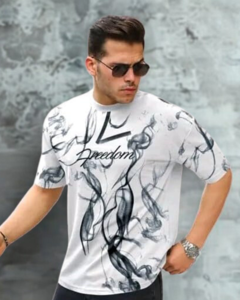 White & Black Cotton Printed Casual T-Shirt For Men