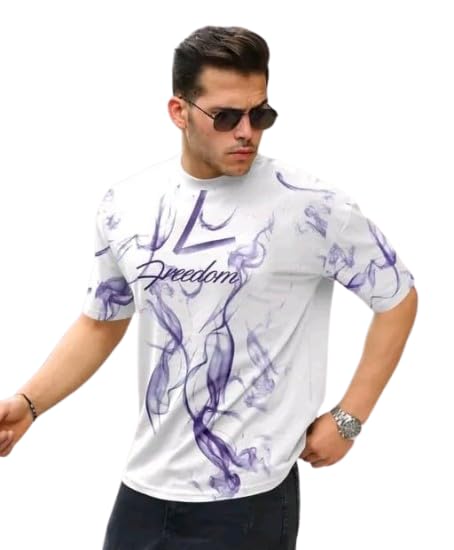 White & Purple Cotton Printed Casual T-Shirt For Men