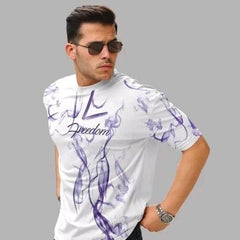 White & Purple Cotton Printed Casual T-Shirt For Men