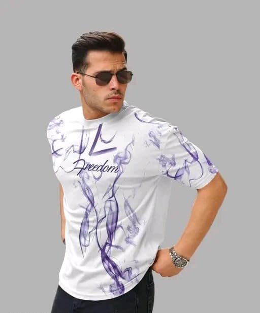 White & Purple Cotton Printed Casual T-Shirt For Men