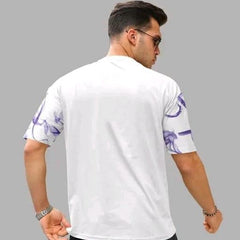 White & Purple Cotton Printed Casual T-Shirt For Men