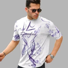 White & Purple Cotton Printed Casual T-Shirt For Men