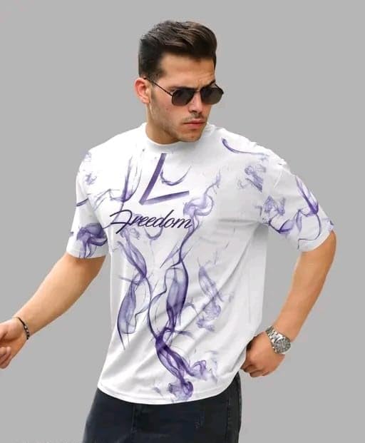 White & Purple Cotton Printed Casual T-Shirt For Men