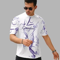 White & Purple Cotton Printed Casual T-Shirt For Men