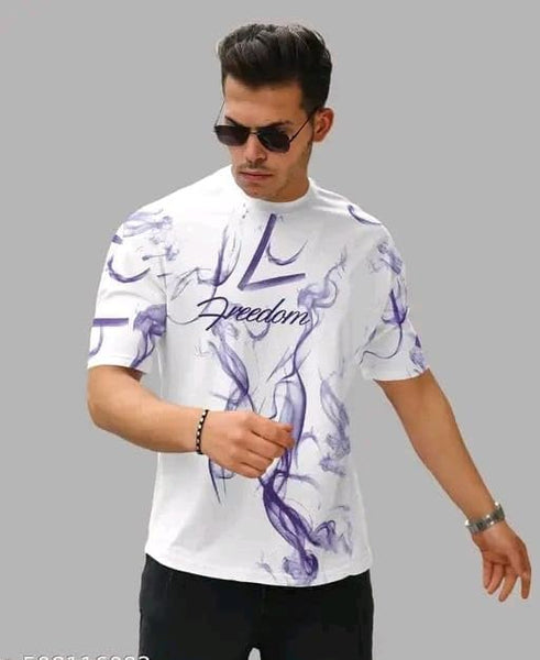White & Purple Cotton Printed Casual T-Shirt For Men