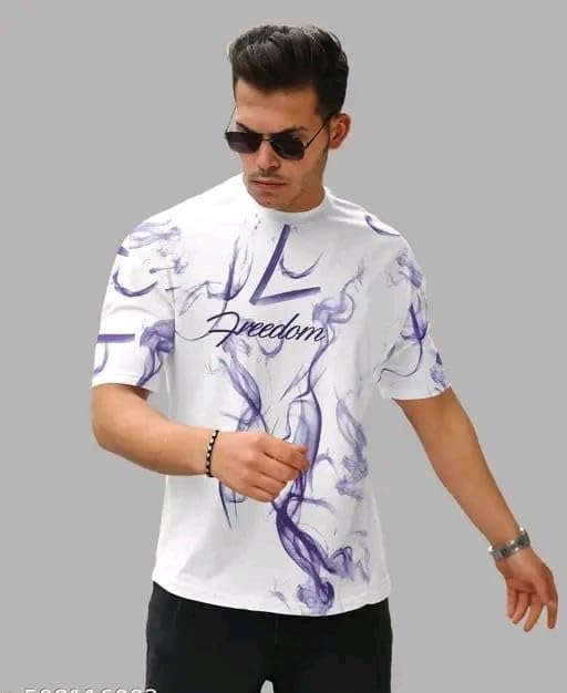 White & Purple Cotton Printed Casual T-Shirt For Men