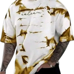 White & Golden Cotton Printed Casual T-Shirt For Men