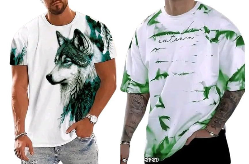 Pack Of 2 White & Green Cotton Printed Casual T-Shirt For Men
