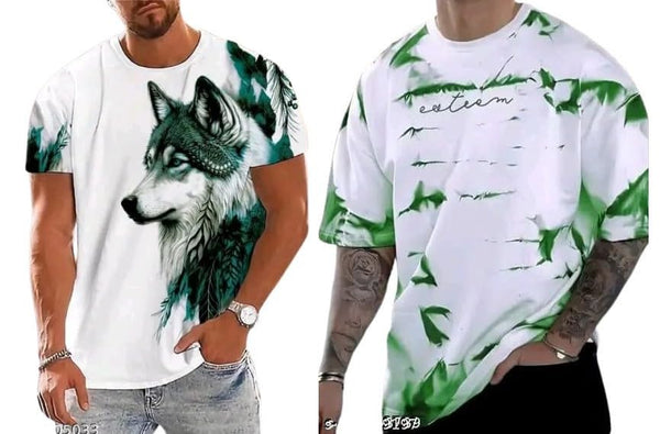 Pack Of 2 White & Green Cotton Printed Casual T-Shirt For Men