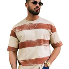 White & Brown Pure Cotton Regular Fit Printed T-Shirt For Men