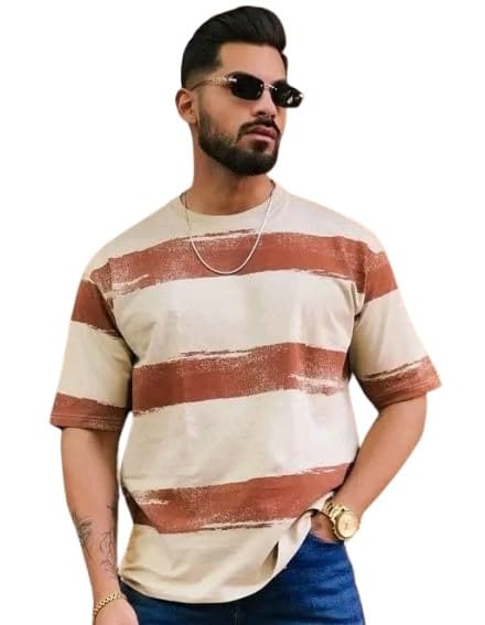 White & Brown Pure Cotton Regular Fit Printed T-Shirt For Men