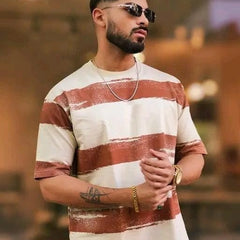 White & Brown Pure Cotton Regular Fit Printed T-Shirt For Men