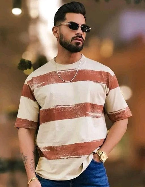 White & Brown Pure Cotton Regular Fit Printed T-Shirt For Men