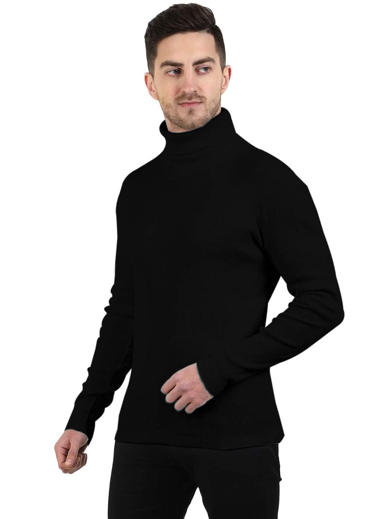 Black Cotton Blend Full Sleeve High Neck Ribbed Sweater For Men