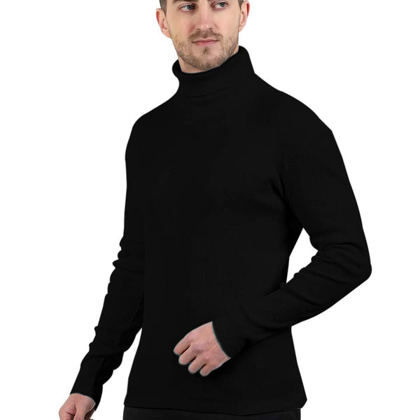 Black Cotton Blend Full Sleeve High Neck Ribbed Sweater For Men