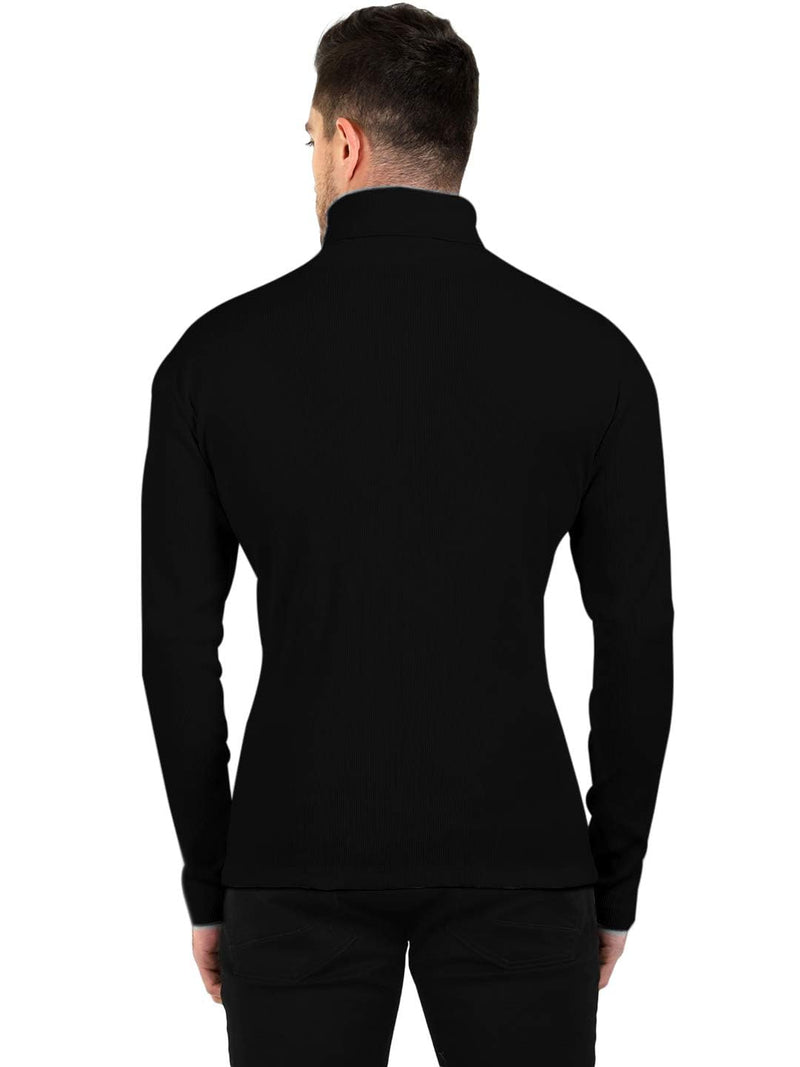 Black Cotton Blend Full Sleeve High Neck Ribbed Sweater For Men