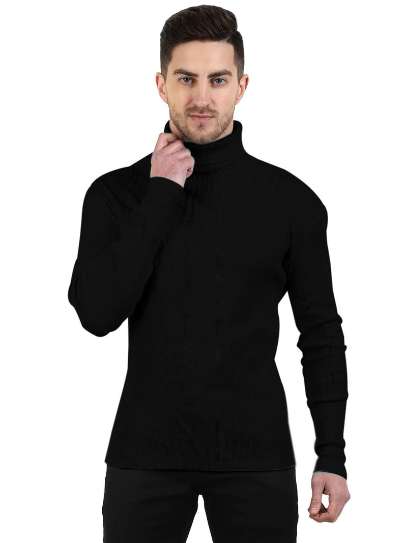 Black Cotton Blend Full Sleeve High Neck Ribbed Sweater For Men