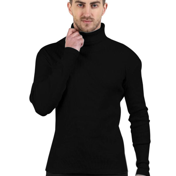 Black Cotton Blend Full Sleeve High Neck Ribbed Sweater For Men