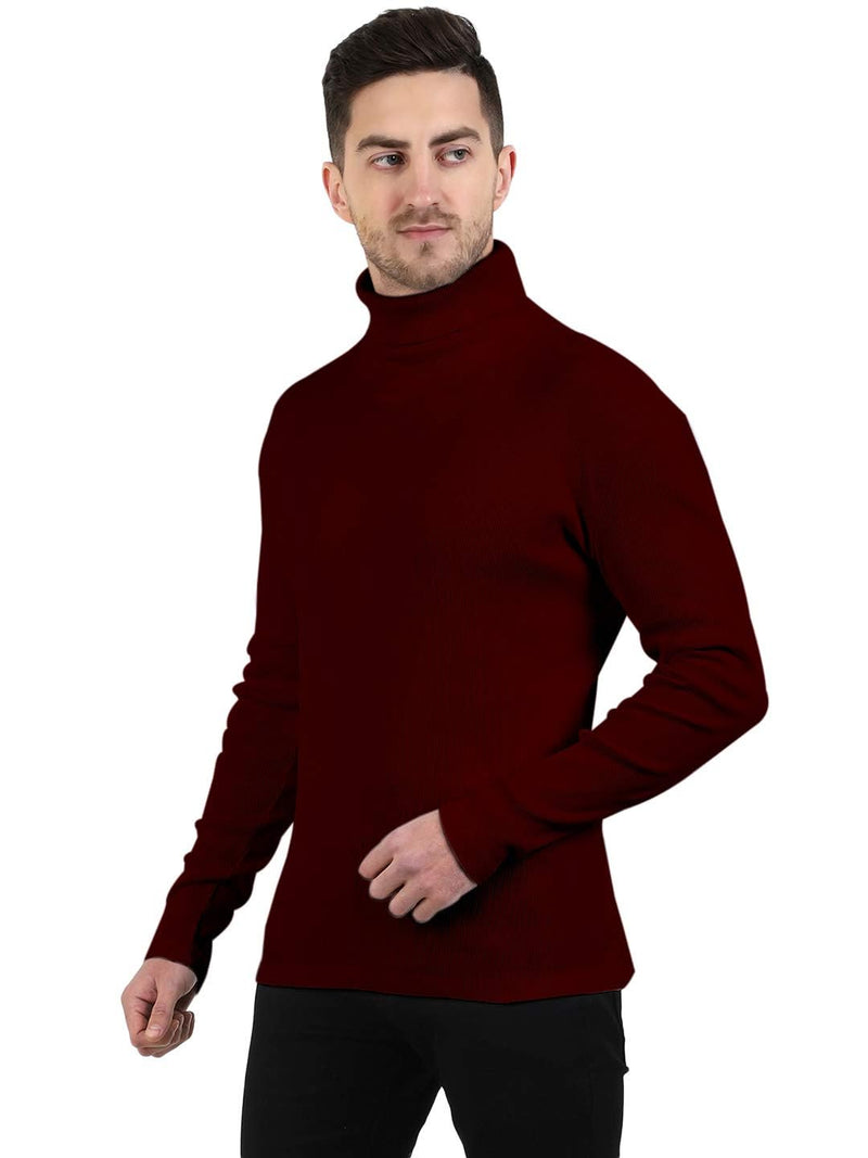 Maroon Cotton Blend Full Sleeve High Neck Ribbed Sweater For Men