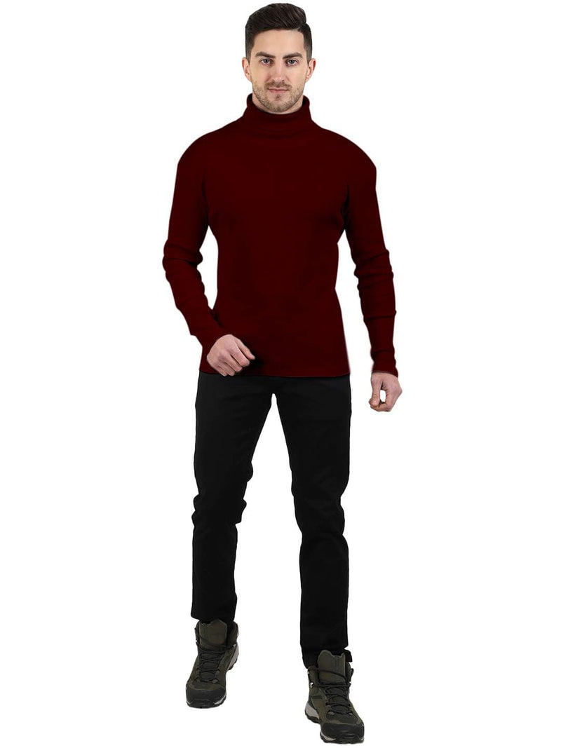 Maroon Cotton Blend Full Sleeve High Neck Ribbed Sweater For Men