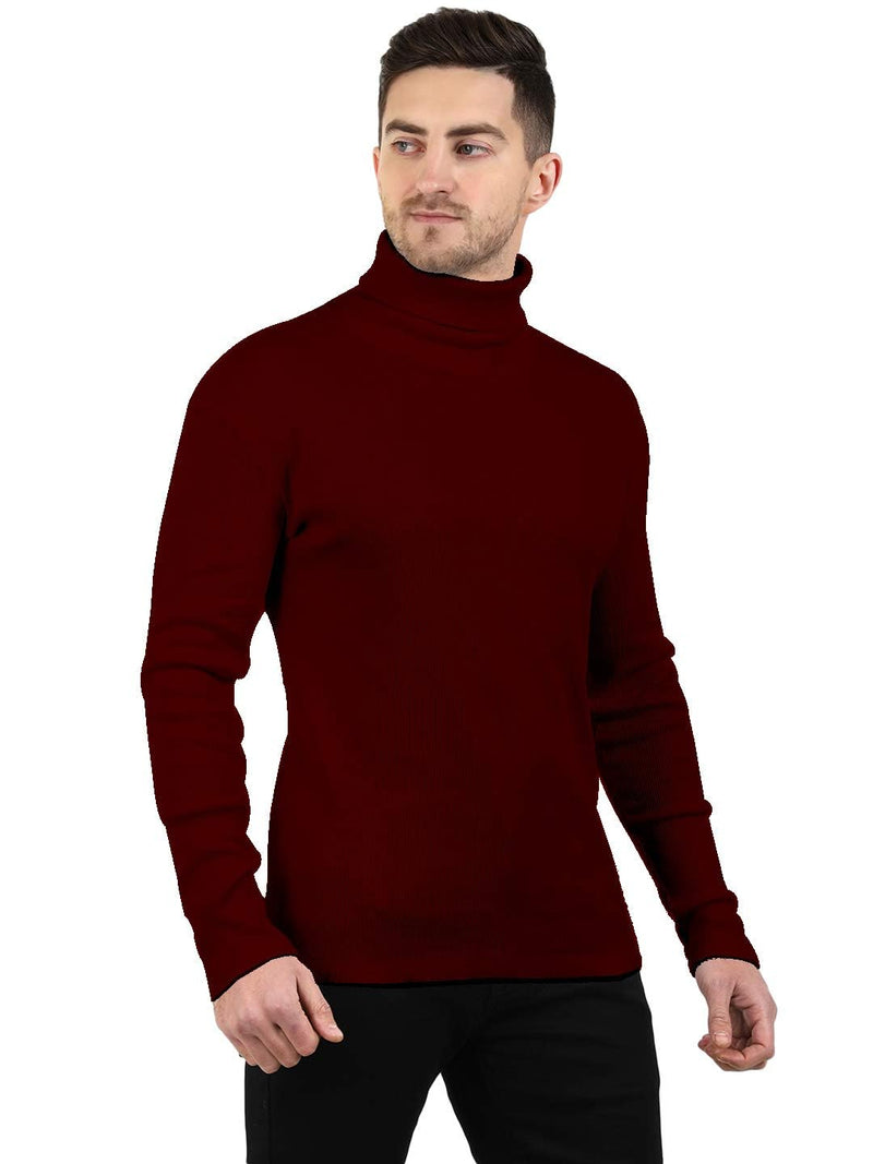 Maroon Cotton Blend Full Sleeve High Neck Ribbed Sweater For Men