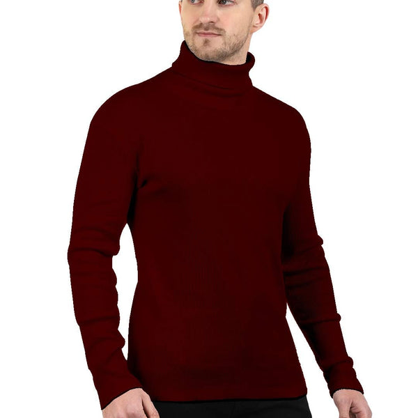Maroon Cotton Blend Full Sleeve High Neck Ribbed Sweater For Men