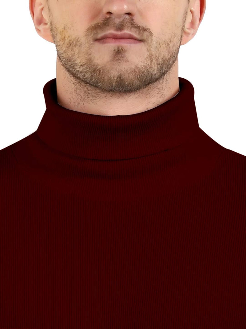 Maroon Cotton Blend Full Sleeve High Neck Ribbed Sweater For Men