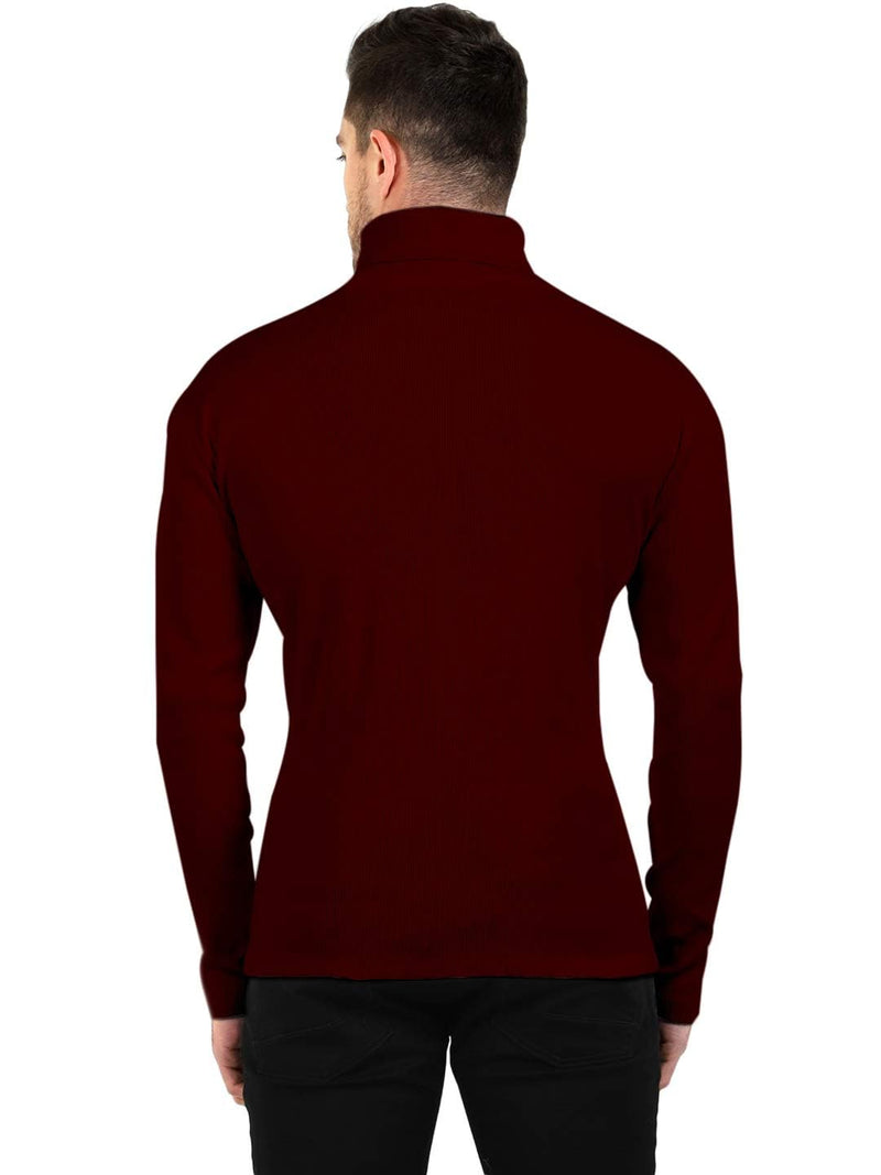 Maroon Cotton Blend Full Sleeve High Neck Ribbed Sweater For Men