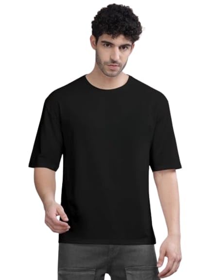 Black Cotton Off-Shoulder Plain T-Shirt For Men