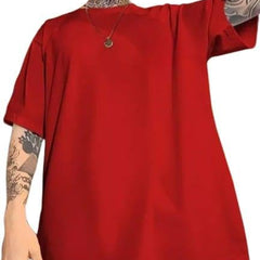 Red Cotton Off-Shoulder Plain T-Shirt For Men