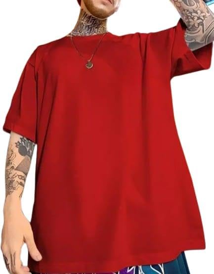 Red Cotton Off-Shoulder Plain T-Shirt For Men