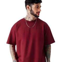 Maroon Cotton Off-Shoulder Plain T-Shirt For Men