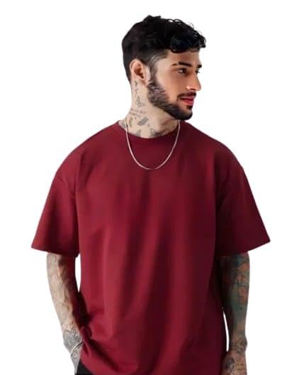 Maroon Cotton Off-Shoulder Plain T-Shirt For Men