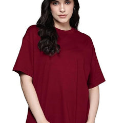 Maroon Cotton Regular Fit Plain T-Shirt For Women