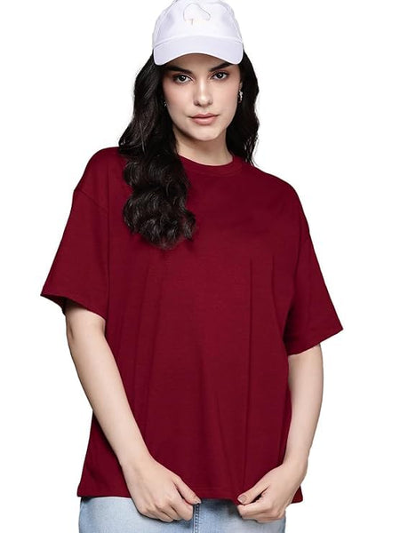 Maroon Cotton Regular Fit Plain T-Shirt For Women