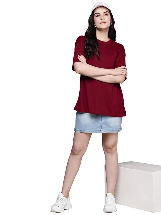 Maroon Cotton Regular Fit Plain T-Shirt For Women