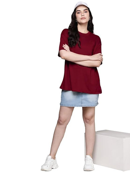 Maroon Cotton Regular Fit Plain T-Shirt For Women