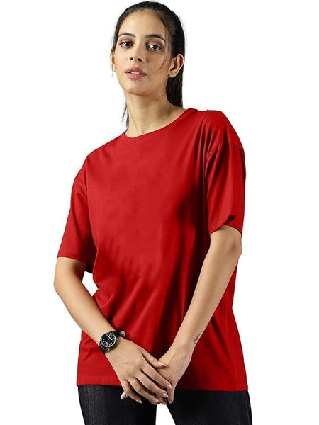 Red Cotton Regular Fit Plain T-Shirt For Women