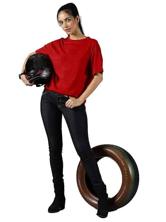 Red Cotton Regular Fit Plain T-Shirt For Women