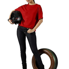 Red Cotton Regular Fit Plain T-Shirt For Women