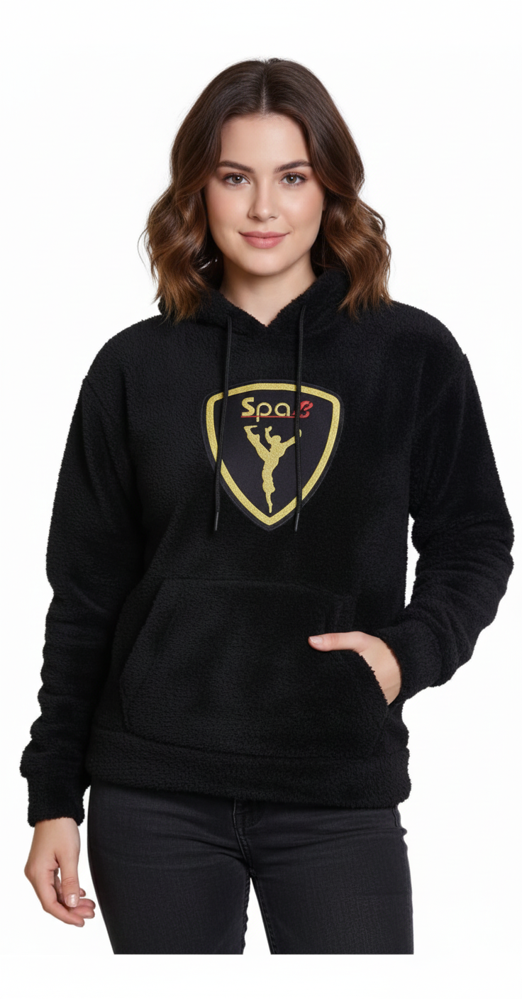 Black Woolen Full Sleeves Regular Fit Printed Hoodie For Women