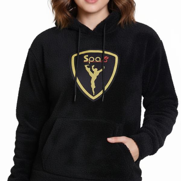 Black Woolen Full Sleeves Regular Fit Printed Hoodie For Women