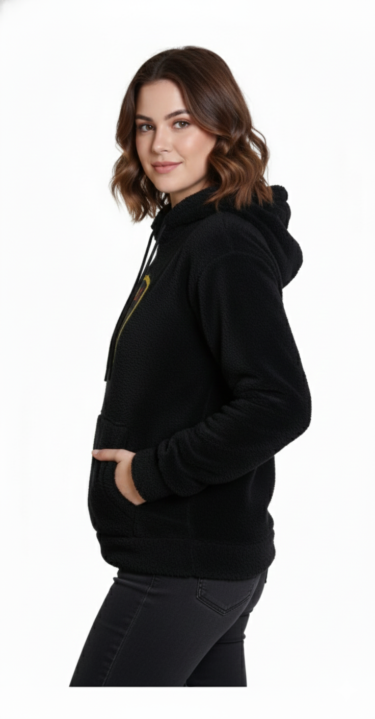 Black Woolen Full Sleeves Regular Fit Printed Hoodie For Women