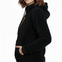 Black Woolen Full Sleeves Regular Fit Printed Hoodie For Women